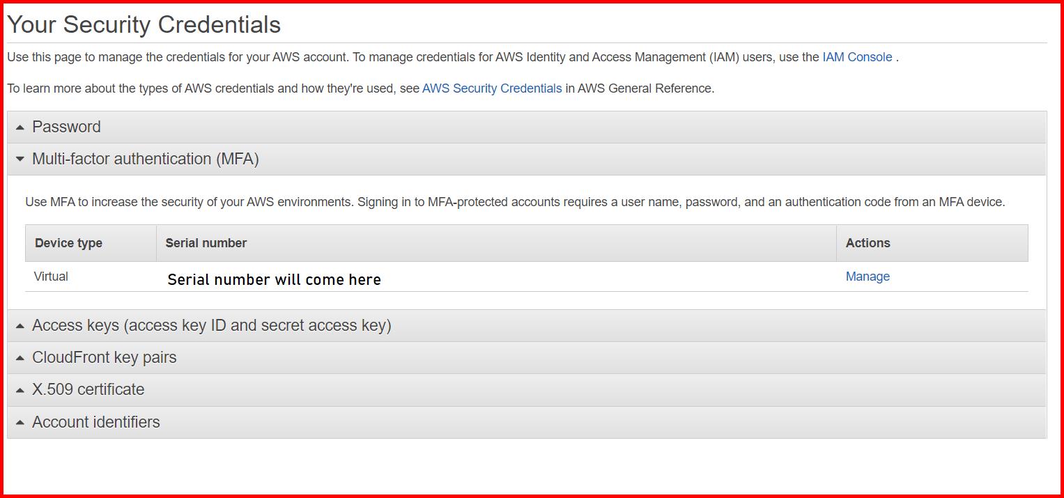 Picture showing the Your Security Credentials screen for getting the ARN of MFA device
